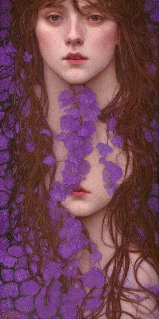 Image similar to purple, character portrait of purple, by waterhouse, by mucha, lean face, symmetrical face, face symmetry, cinematic lighting, beautiful, elegant, oil painting, cinematic, portrait, raphaelite, trending on artstation, intricate background