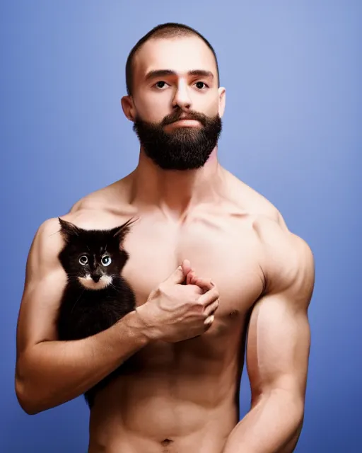 Prompt: muscular man holding a kitten in his hand, vaperwave background, color studio portrait, golden ratio, backlit, detailed eyes