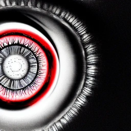 Image similar to a detailed extremely close up of inside the iris, cornea, red image, microscopic, extremely close up drawing by junji ito, cgsociety, generative art, lovecraftian, parallax, cosmic horror, extremely detailed, hyperrealism, unreal engine, octane render, award winning, masterpiece, highly detailed, realistic, 4 k, digital