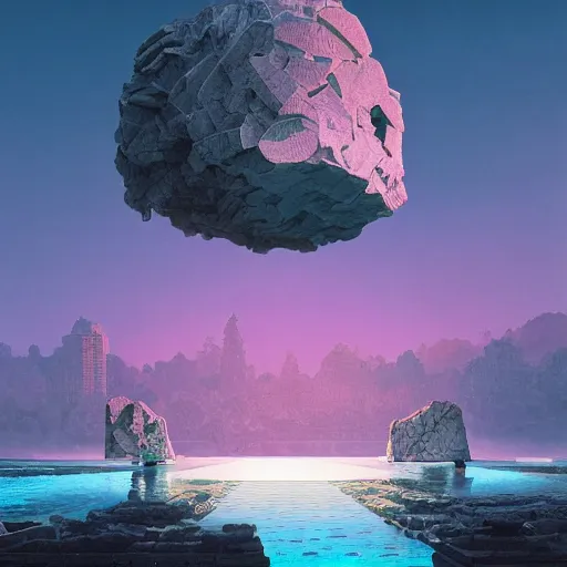 Image similar to Filip Hodas, minimalistic, hyperrealistic surrealism, award winning masterpiece with incredible details, epic stunning, infinity pool, a surreal vaporwave liminal space, highly detailed, trending on ArtStation, artgerm and greg rutkowski and alphonse mucha, daily deviation, IAMAG, broken giant marble head statue ruins, nightscape, milkyway