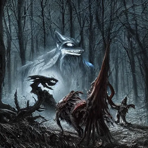 Prompt: a wolf facing off against an alien in the woods at night with pixies in the air by hr giger, greg rutkowski, luis royo and wayne barlowe as a diablo, resident evil, dark souls, bloodborne monster : : hyper realistic, ultrarealistic, realism, photoreal, 8 k : :