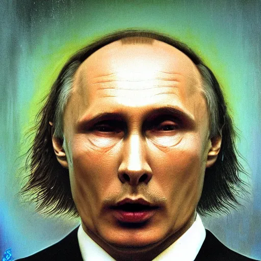 Image similar to vlad putin became stupid imbecile retard degenerate photo - realistic, color image, hyper realistic, 2 k, highly detailed, occult art, by giger, fractal structure