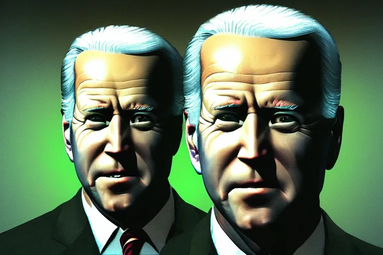 Image similar to creepy joe biden portrait stuck in the matrix, glitchy, buggy, playstation 1 graphics, low poly 3 d render, creepypasta, volumetric lighting, messy, vhs footage, scary, award - winning, detailed, weird, close - up, featured on artstation, ray tracing, 4 k hd, high quality