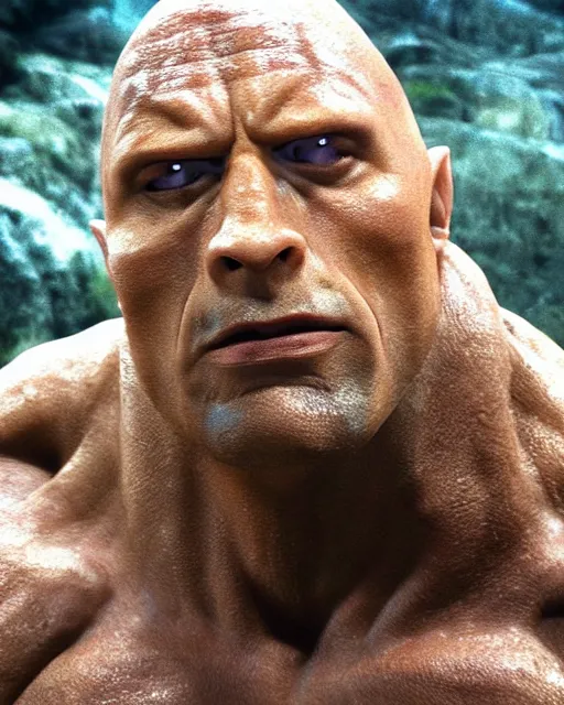 Image similar to film still close up shot of dwayne johnson as golem from the movie the lord of the rings. photographic, photography