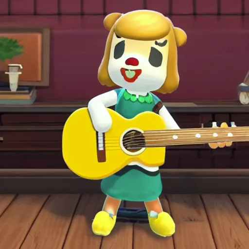 Prompt: Isabelle from Animal Crossing playing a guitar