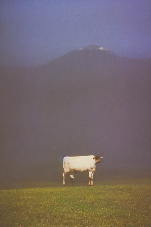 Image similar to film color photography, cow in the blue fog at the lawn, mountains in distance, 35mm