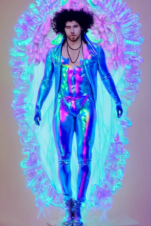 Image similar to full-body rococo and cyberpunk delicate neon crystalline sculpture of ((muscular albino prince Nick Jonas)) (((con la piroca dura))) as an iridescent humanoid deity wearing a thin see-through ((plastic hooded cloak)) sim roupa (holding a human skull), reclining con (((las piernas abiertas))), glowing pink face, crown of (white lasers), large diamonds, swirling black silk fabric. futuristic elements. oozing glowing liquid, full-length view. space robots. intricate artwork by caravaggio. Trending on artstation, octane render, cinematic lighting from the right, hyper realism, octane render, 8k, depth of field, 3D