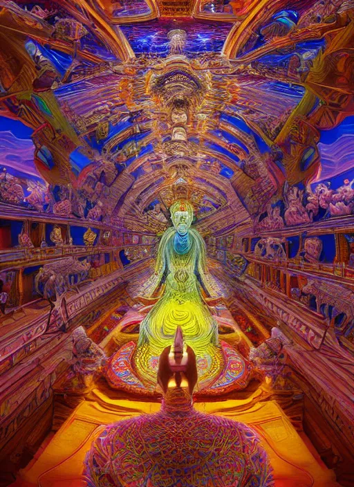 Image similar to breathtakingly beautiful ultrawide angle colour masterpiece weird dream, low angle view from inside a hindu temple, figure meditating close shot, strange beautiful cybertronic temple, incredible sense of depth and perspective and clarity, hyperrealism, realistic, dramatic lighting, leds, arch, symmetry symmetrical, alex grey and moebius and studio ghibli, 8 k