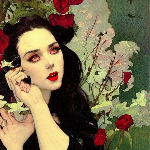 Image similar to portrait of a very beautiful vampire, top half of body, pensive expression, by Stanley Artgerm Lau, greg rutkowski, thomas kindkade, alphonse mucha, loish, norman rockwell, J. C. Leyendecker. dark black hair, pale skin, detailed eyes, red lips. framed by black flowers. dark, scary, eldritch horror. rule of thirds extremely detailed illustration hd 4k