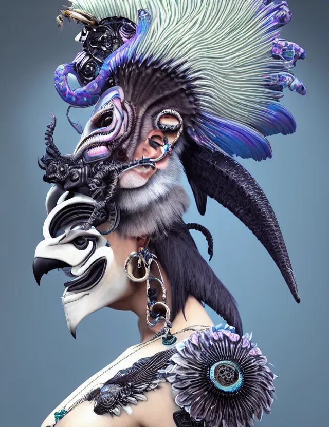 Image similar to 3 d goddess close - up profile portrait punk with mohawk with ram skull. beautiful intricately detailed japanese crow kitsune mask and clasical japanese kimono. betta fish, jellyfish phoenix, bio luminescent, plasma, ice, water, wind, creature, artwork by tooth wu and wlop and beeple and greg rutkowski