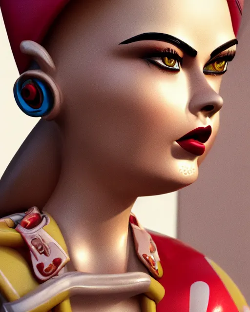 Image similar to highly detailed closeup, face profile portrait of a tin toy retro 1 9 5 0 s cara delevingne, bikini, depth of field, fashion photoshoot by max fleischer, breathtaking, detailed and intricate environment, 8 k resolution, hyperrealistic, octane render