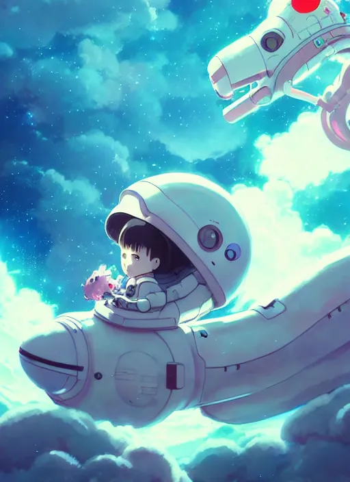 Image similar to portrait of cute kawaii astronaut android riding a neonpunk kaiju dragon, nebulous background of dynamic space, a dramatic composition by wlop and greg rutkowski and makoto shinkai and studio ghibli and kyoto animation cute bubbly clothing