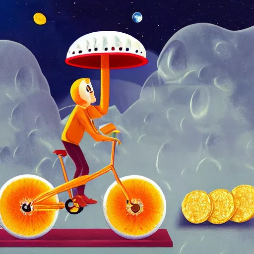 Image similar to a wheel of cheese is cycling fast on a bike on the surface of the moon and drives away from a huge and dangerousmushroom cloud of a nuclear explosion. photorealistic