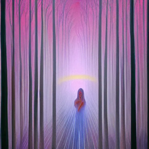 Image similar to painting a jester made of energy and light in a dense foggy forest by Alex Grey, acrylic art, ethereal, soothing, somber, elegant, warm light, cozy, glows,