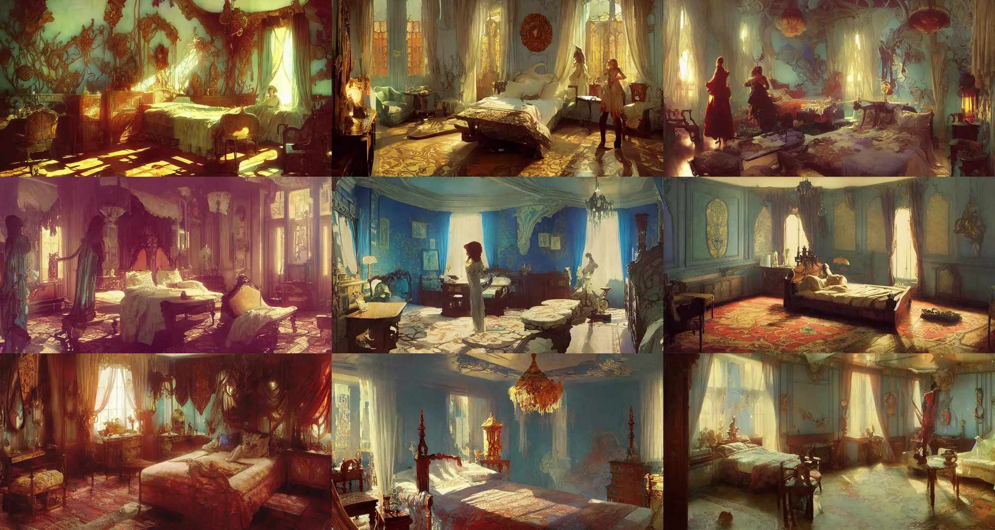 Prompt: bedroom interior, art nouveau, fantasy, art by joseph leyendecker, ivan aivazovsky, ruan jia, reza afshar, marc simonetti, alphonse mucha