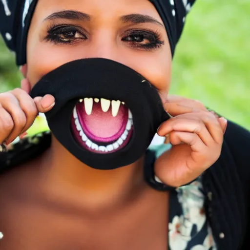 Prompt: beautiful Girl with a bandana, big mouth, big eyes, short black hair, close up