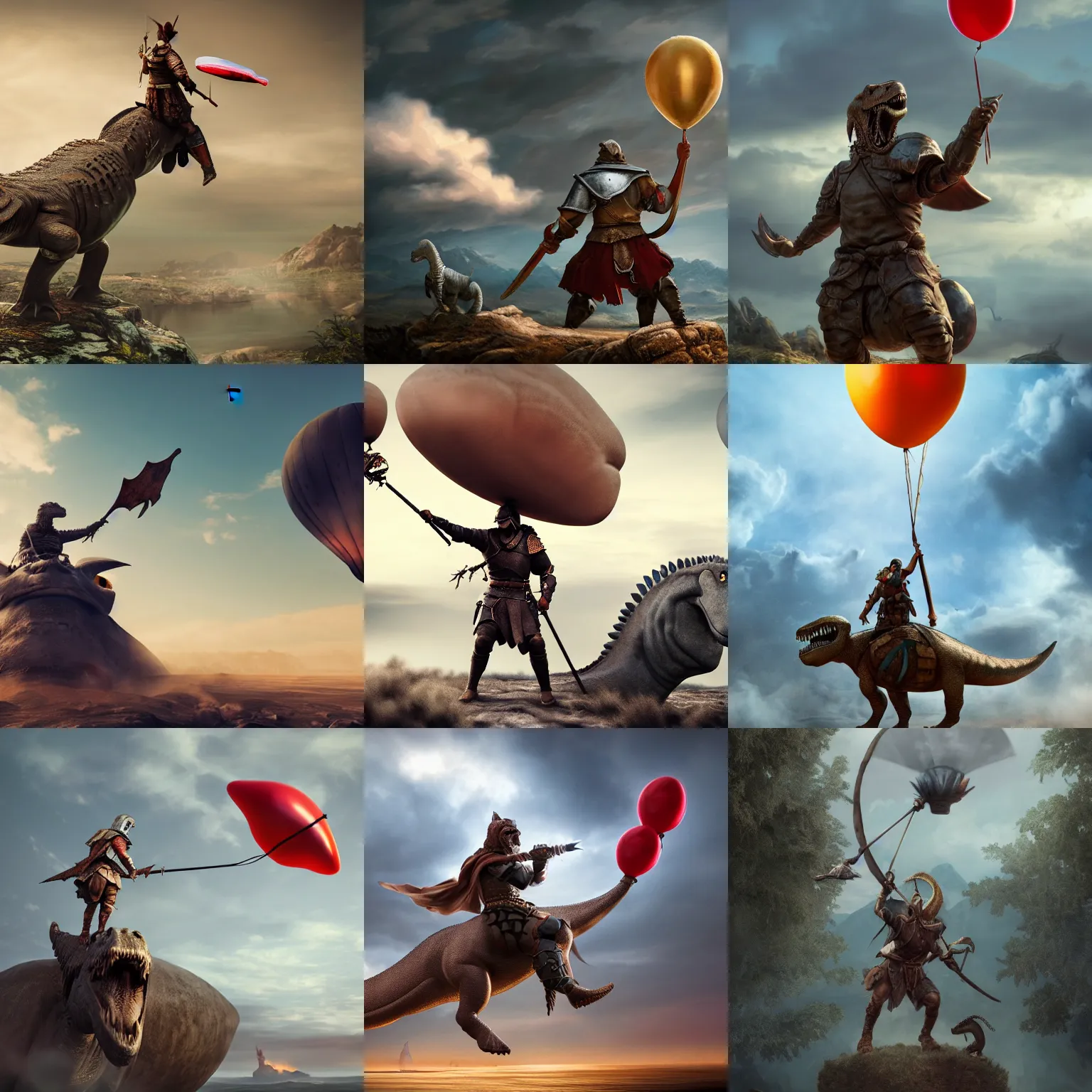 Prompt: warlike medieval warrior with balloon in hand riding a dinosaur on top of small flying island in clouds, concept art, artstation, realistic, Octane render, octane, intricate details, 4k, hd