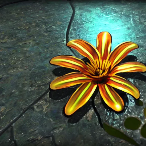 Image similar to a tiger lily flower made out of metal, shiny, reflective, glowing, unreal engine, high quality