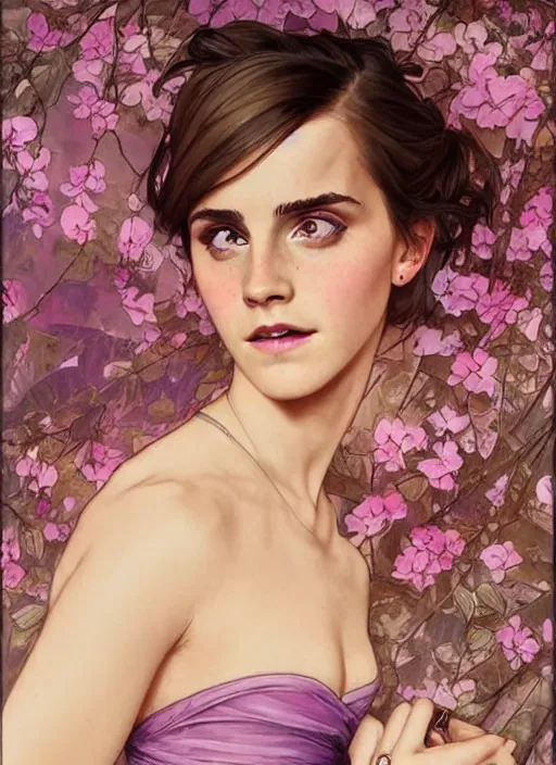 Image similar to emma watson wearing revealing elegant pink and purple dress with flounces. beautiful detailed face. by artgerm and greg rutkowski and alphonse mucha