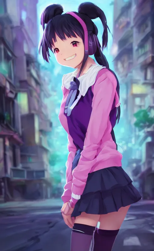 Image similar to anime girl with pink ponytail, wearing purple headphones, wearing a green sweater, with a smile on her face and her eyes closed, walking down a street, dynamic lighting, photorealistic fantasy concept art, trending on art station, very detailed, anime concept art, stunning visuals, creative, cinematic, ultra detailed