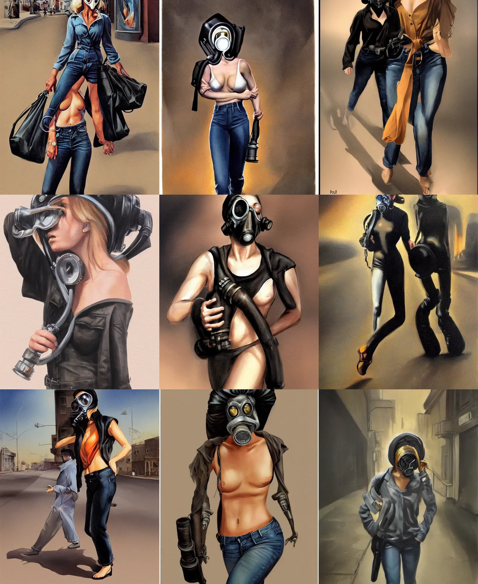 Prompt: a powerful female character, who wears a black open shirt and jeans. her face is covered in a gas mask and is walking down the street at night. hyperrealistic fashion illustration by boris vallejo and julie bell.