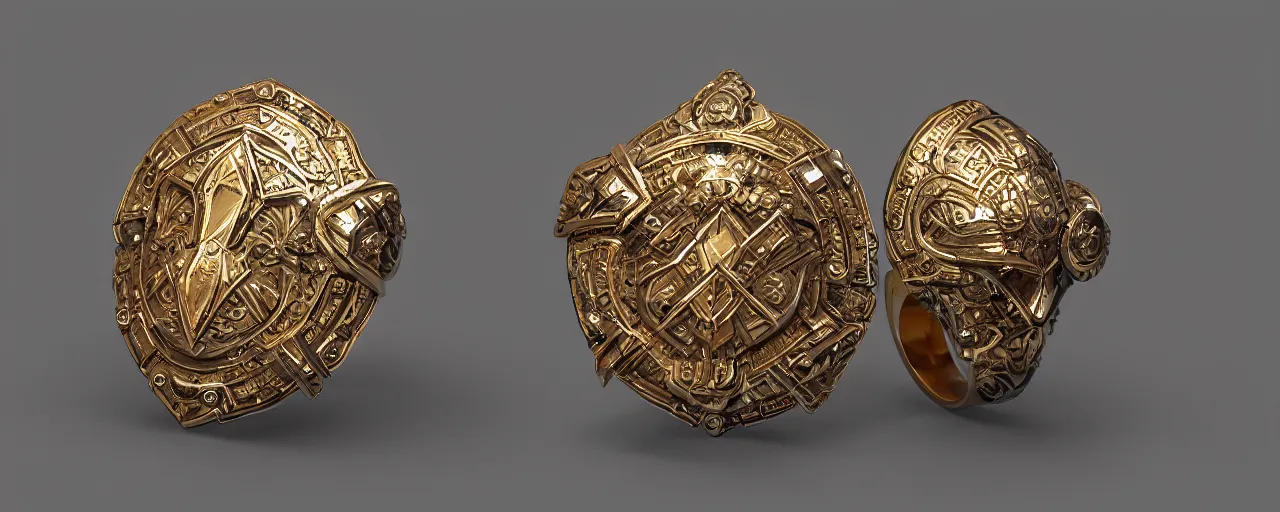 Image similar to simple ring with a shield ornament, ring, wood, gold, smooth shank, crystals, engravings, product design, jewelry, art by gerald brom, greg rutkowski and artgerm and james jean and zdzisław beksinski, 8 k, unreal engine, c 4 d