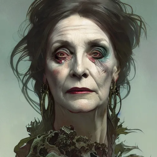 Image similar to A portrait of zombie Nancy Patricia Pelosi by greg rutkowski and alphonse mucha,In style of digital art illustration.Dark Fantasy.darksouls.hyper detailed,smooth, sharp focus,trending on artstation,4k