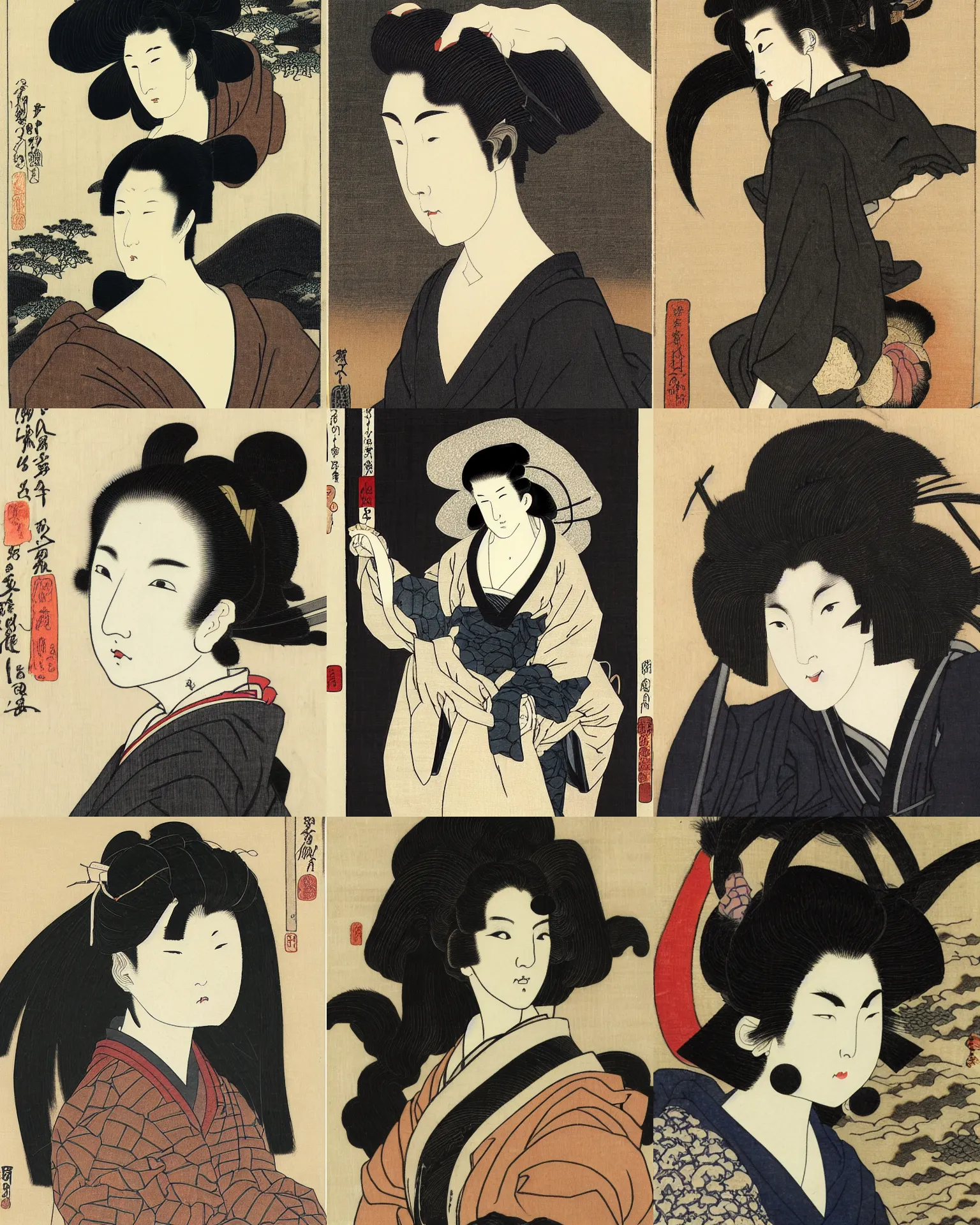 Prompt: A goth portrait by Katsushika Hokusai. Her hair is naturally dark brown and cut into a short, messy pixie cut. She has a slightly rounded face, with a pointed chin, large entirely-black eyes, and a small nose. She is wearing a black tank top, a black leather jacket, a black knee-length skirt, a black choker, and black leather boots.