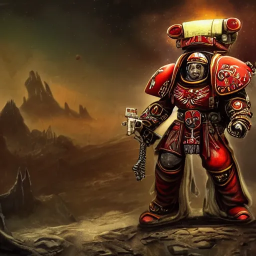 Image similar to a beautiful highly detailed matte painting of Warhammer 40k Space Marine Blood Ravens soldier standing next to a spaceship