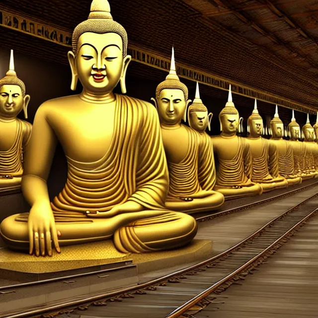 Prompt: a beautiful painting the subway station is full of hundreds of buddhas, by ultra detailed, hyper realistic, volumetric lighting render