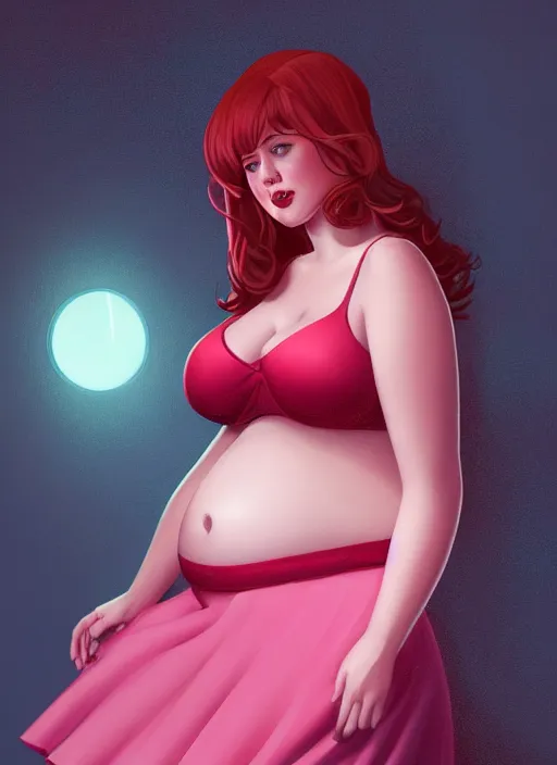 Image similar to full body portrait of teenage cheryl blossom, obese, bangs, sultry, realistic, red hair, sultry smirk, wavy hair, pink skirt, fat, belly, intricate, elegant, glowing lights, highly detailed, digital painting, artstation, concept art, smooth, sharp focus, illustration, art by wlop, mars ravelo and greg rutkowski