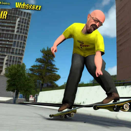 Prompt: Walter White skateboarding in Skate 2, ps3 screenshot, xbox 360 screenshot, 4k, realistic face, insanely detailed