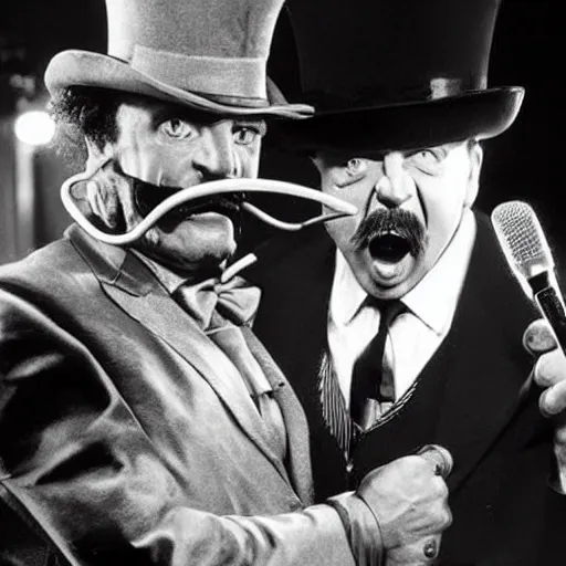 Prompt: wwf superstar gustav chamberlain, dangerous, deranged, wielding a crowbar, with a glass eye and a top hat, yelling into a microphone at the camera. gene okerlund looks scared.