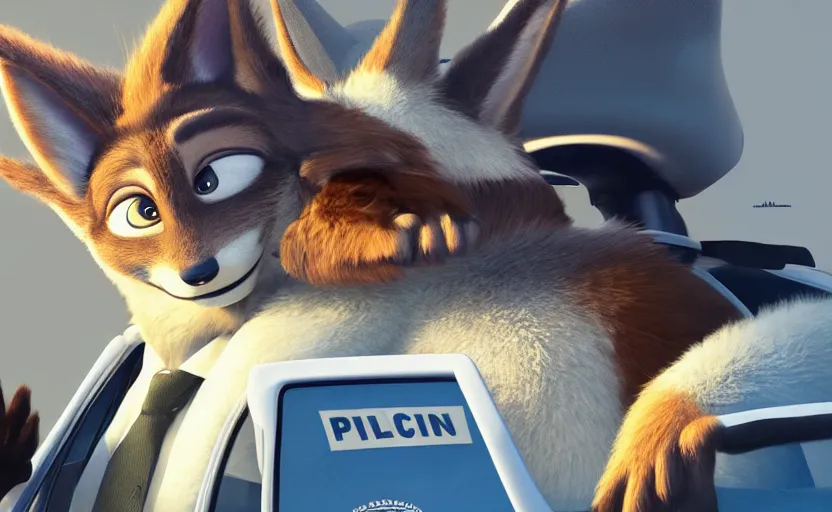 Image similar to a furry human - like dressed policewoman in the sleeping in the police car, artstation hq, stylized, symmetry, modeled lighting, expressive, studio photo refined, highly detailed, hyper realistic, furry, sense of awe, zootopia style