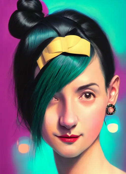 Prompt: portrait of high school girl, realistic, black hair, bangs, half updo hairstyle, pointy nose, skinny, smile, ugly, defined jawline, big chin, teal hair bow, earrings, intricate, elegant, glowing lights, highly detailed, digital painting, artstation, sharp focus, illustration, art by wlop, mars ravelo and greg rutkowski