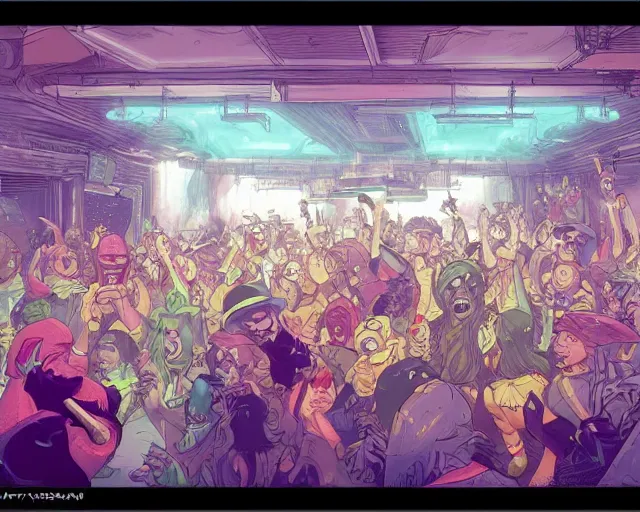 Image similar to a study of cell shaded cartoon of elves raving in a nightclub, illustration, wide shot, subtle colors, post grunge, concept art by josan gonzales and wlop, by james jean, Victo ngai, David Rubín, Mike Mignola, Laurie Greasley, highly detailed, sharp focus, alien, Trending on Artstation, HQ, deviantart, art by artgem