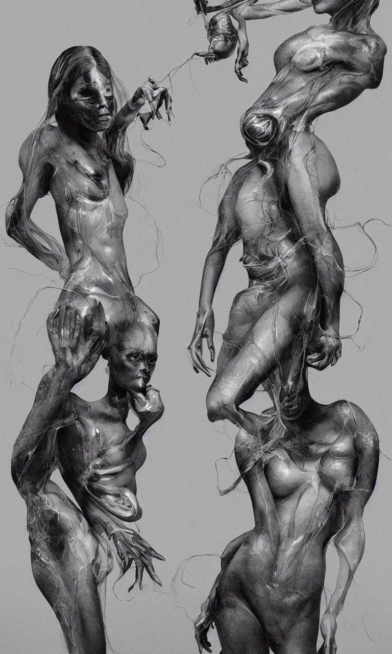 Prompt: of a matte painting of females with transparent skin holding a alien, matte painting, black and white, by james jean