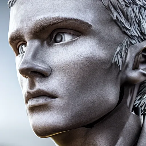 Image similar to a realistic detailed photo of a guy who is an attractive humanoid who is half robot and half humanoid, who is a male android, soccer player martin ødegaard, shiny skin, posing like a statue, blank stare, by the pool, on display, showing off his muscles, humanoid robot, frozen ice statue