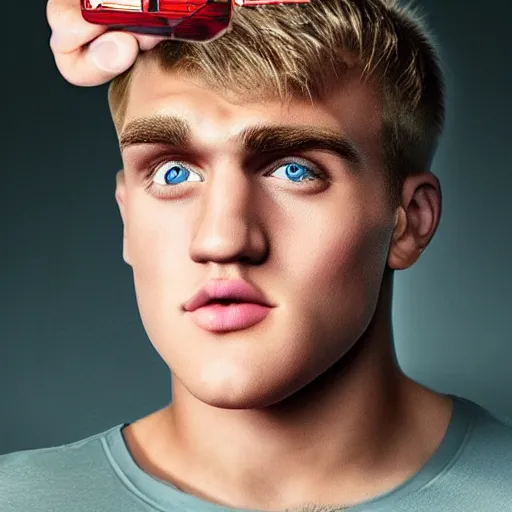 Prompt: a realistic detailed photo of boxer & youtuber jake paul with a mind control chip on his head, blank stare, shiny skin