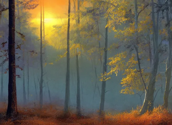 Image similar to the sun rose over the horizon and bathed the forest with a warm golden glow. the trees of the forest seemed to stretch toward the sky, reaching for the light of day. & d concept art, d & d wallpaper, warm, walls painted blue, blue walls, digital art. art by james gurney and larry elmore.