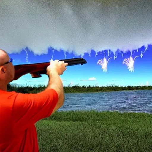 Prompt: Florida man aiming a shotgun at a hurricane, the word Murica in fireworks across the sky, photo, realistic, high resolution