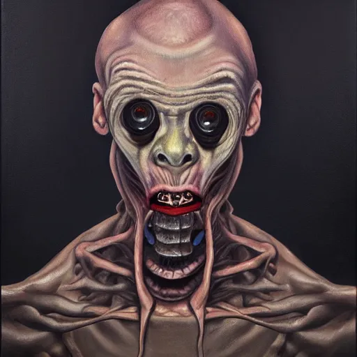 Prompt: oil painting portrait of an extremely bizarre disturbing mutated man by Christian Rex Van Minnen with intense chiaroscuro lighting perfect composition
