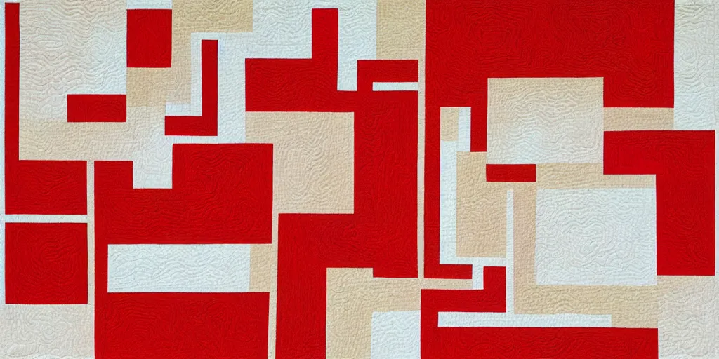 Image similar to modernist interior, seen from above, by René Laloux, line brush, minimal, red, plain background, embroidered on a quilt