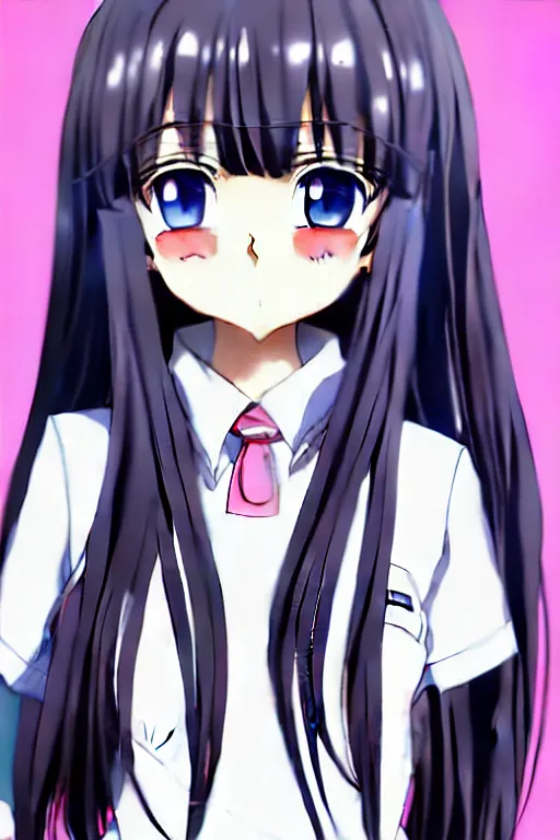 Image similar to full body anime portrait of a cute android girl round eyes long hair dressed in a school uniform inside the school, stunning, highly detailed, anatomically correct