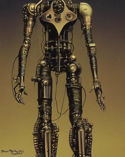 Prompt: steampunk robot, half body by ralph mcquarrie and frank lloyd frank lloyd and bruce pennington and ted nasmith