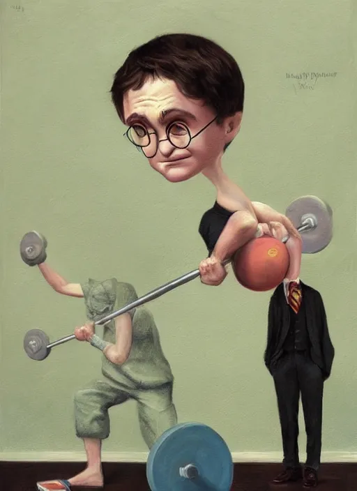 Prompt: a painting of Harry Potter doing barbell squats, an ultrafine detailed painting by Mark Ryden, trending on deviantart, pop surrealism, whimsical, lowbrow, grotesque