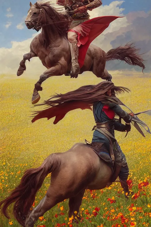 Image similar to fighter ridding a horse on a flower field, dragon, highly detailed, digital painting, artstation, concept art, smooth, sharp focus, illustration, art by artgerm and greg rutkowski and alphonse mucha and andrei riabovitchev