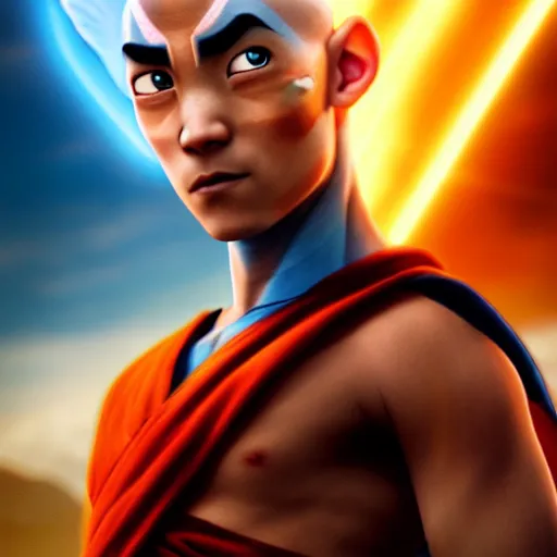 Image similar to a portrait of Aang from Avatar: The Last Airbender by Zack Snyder, Avatar the Last Airbender, 8k photorealistic, cinematic lighting, HD, high details, dramatic