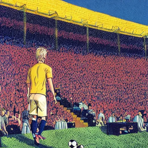 Prompt: a blonde man inspecting a soccer game from the stands. happy, colorful Epic portrait by james gurney and mœbius.