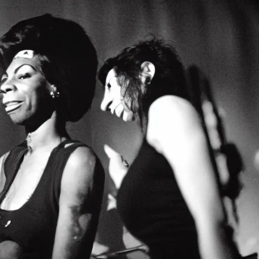 Image similar to film photo of Nina Simone and Amy Winehouse on stage at a club, dark lit, beautiful lighting, halation, realistic, chromatic aberration, dof, god rays, ektachrome 100,